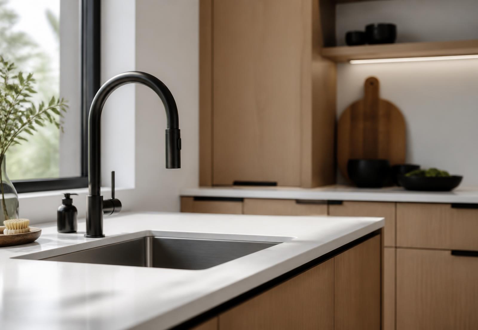Moderne mat zwarte keukenkraan boven een spoelbak in een lichte keuken
